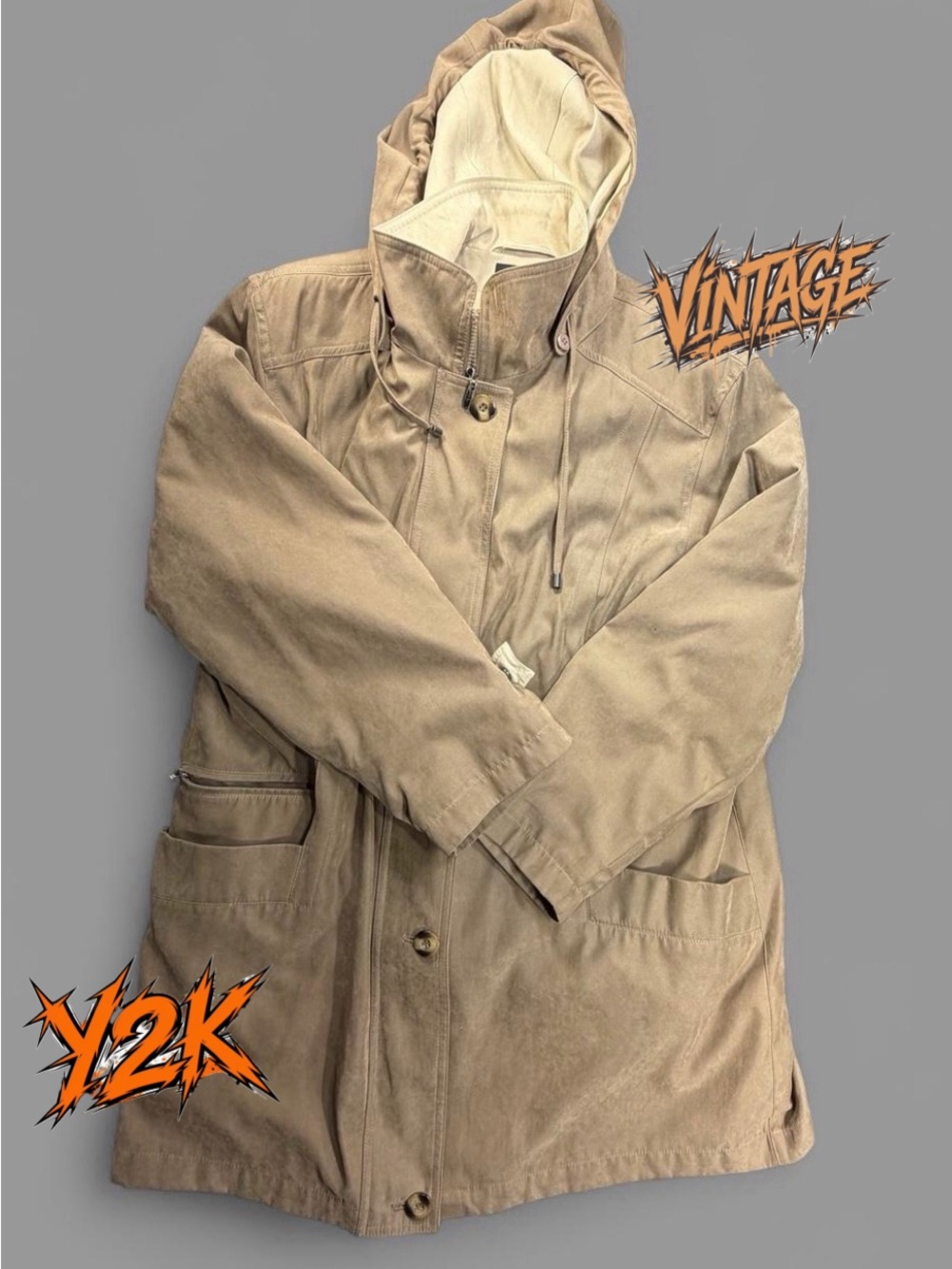 Gallery L Hooded Jacket Tan Beige Anorak Parka 88% Polyester Nylon Lined Coat